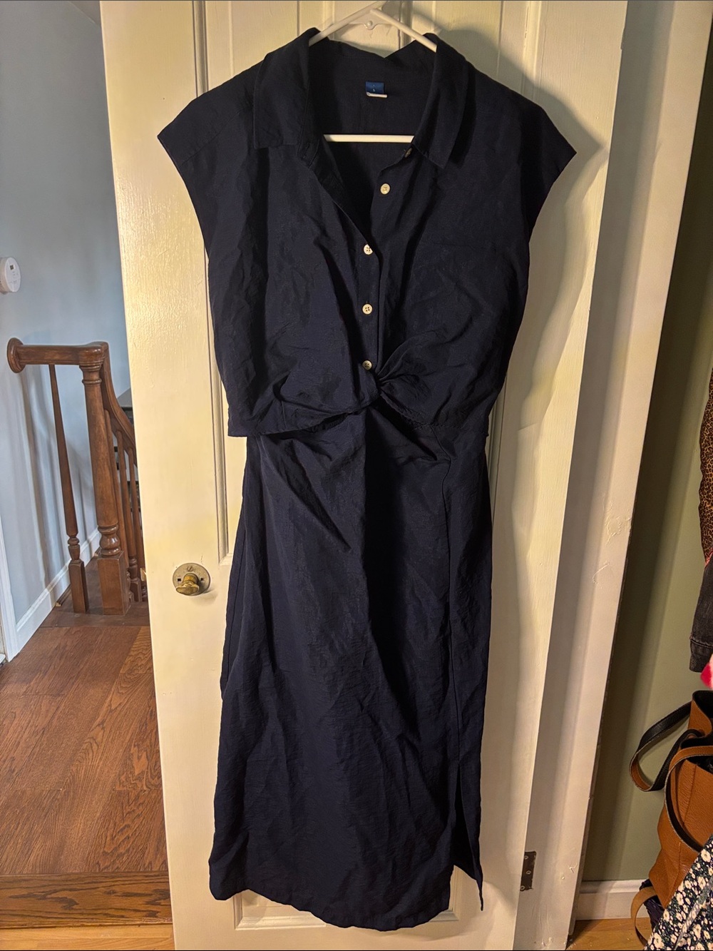 Sleeveless Navy Button-Front Midi Dress with Twist Waist